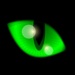 Green realistic cat eye close up on black background. Halloween. Vector stock illustration. 