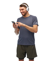 Sticker - fitness, sport and healthy lifestyle concept - smiling man in sports clothes with smartphone and headphones listening to music over white background