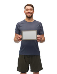 Poster - fitness, sport and healthy lifestyle concept - smiling man in sports clothes holdng tablet pc computer over white background