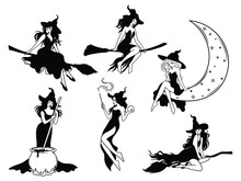 Set Of Silhouettes Witches Flying On A Broomstick. Collection Of Sexy Mythical Characters For Halloween. Magic Female In Witch Hat On Moon. Vector Illustration Of Scary Personage. 