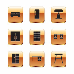 Set Big bed, Wardrobe, Office desk, Table lamp, Chair and Refrigerator icon. Vector