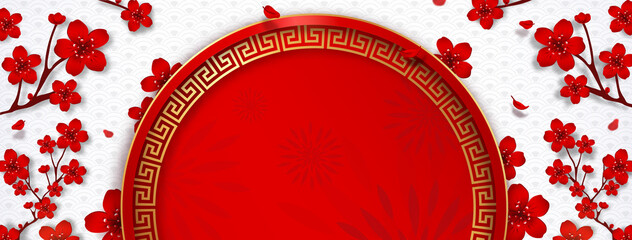 Wall Mural - chinese new year banner background with red cherry blossom flower decoration