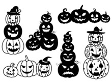 Set Of Halloween Pumpkin. Collection Of Smiling Pumpkins With Witch Hats. Scary Holiday. Jack Lantern Attribute. Vector Illustration On White Background. Tattoo.