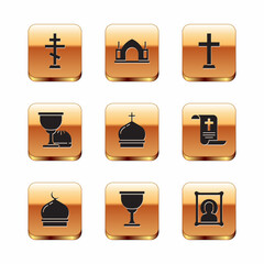 Sticker - Set Christian cross, Muslim Mosque, Holy grail or chalice, Church tower, icon and Hindu spiritual temple icon. Vector