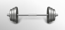 Metal Realistic Fitness Barbell. Gym Exercise Equipment For Bodybuilding Training Isolated On Grey Background. Silver Iron Sport Object For Weightlifting Workout. Powerlifting Gear For Strong Muscles.