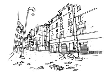 Fototapete - Vector sketch of street scene in Rome, Italy.