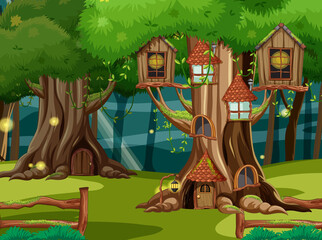 Wall Mural - Fantasy forest scene with tree houses