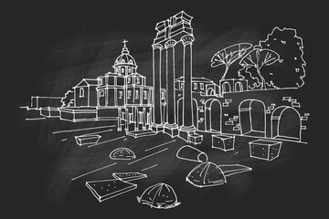 Fototapete - vector sketch of Ancient ruins of a Roman Forum or Foro Romano, Rome, Italy. Retro style.