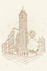 Fototapete - Vector sketch of St Paul's Within the Walls church (American Church) on Via Nazionale in Rome, Italy.