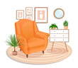 Cute interior with modern furniture and plants. Design of a cozy room with soft armchair, wall pictures, carpet, mirror, chest of drawers. Living room interior. Vector flat style illustration.