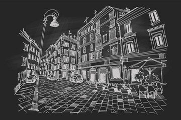 Wall Mural - Vector sketch of street scene in Rome, Italy. Retro style.