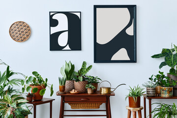 Sticker - Domestic interior of living room with vintage retro shelf, a lot of house plants, cacti, wooden mock up poster frame on the white wall and elegant accessories at stylish home garden. Template.