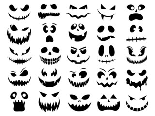 Set of pumpkin face. Collection of different types of smiling faces with teeth. Line art. Creepy mouth masks. Halloween masks. Vector illustration for children. Tattoos.