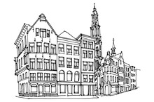Vector Sketch Of Street Scene In Antwerpen, Belgium.