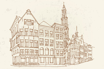 Sticker - vector sketch of street scene in Antwerpen, Belgium.