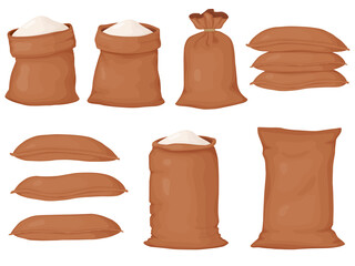 Bags flour set. Heap of flour. Natural farming food in cartoon style.