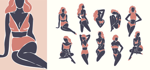 Wall Mural - feminine concept illustration. woman in minimal paper cut mosaic style. fashion illustration by femi
