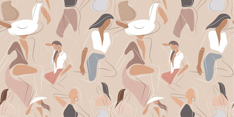 Wall Mural - vector seamless pattern with woman in minimal linear style fashion illustration by femininity, beaut