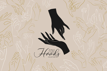 Wall Mural - set of vector female beauty hands silhouette. editable outline stroke size. line flat contour, thin 