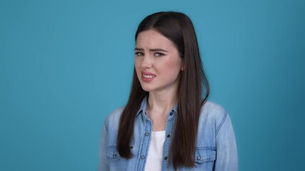 Poster - Lady show stop sign not like smell isolated blue color background