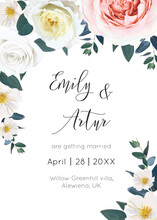 Romantic, Editable Wedding Invite, Save The Date Card, Greeting Template Design. Vector Floral Illustration Of Blush Pink, Yellow, Ivory White Garden Roses, Camellia Flowers, Emerald Eucalyptus Leaves