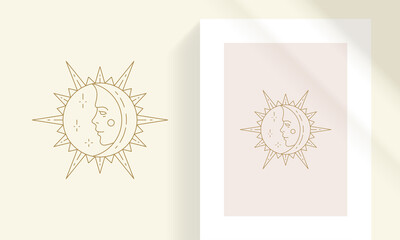 Wall Mural - Sun and crescent moon with female face line art style vector illustration