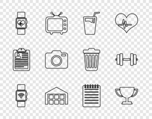 Canvas Print - Set line Smartwatch with wireless, Trophy cup, Glass water, Warehouse, heart beat rate, Photo camera, Notebook and Dumbbell icon. Vector