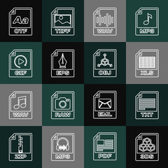 Set line 3DS file document, TXT, XLS, WAV, EPS, GIF, OTF and OBJ icon. Vector