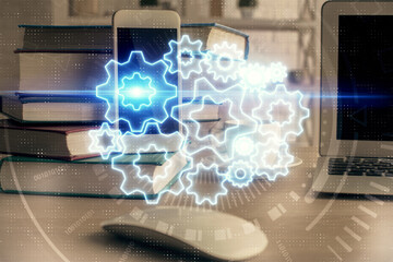 Fototapete - Double exposure of financial theme drawing and cell phone background. Concept of business