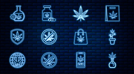 Wall Mural - Set line Test tube with marijuana, Marijuana plant in pot, or cannabis leaf, Stop, Shield and, Shopping bag of and Medical bottle icon. Vector