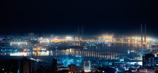 Fototapete - Night view of Golden bridge in Vladivostok. Panorama.