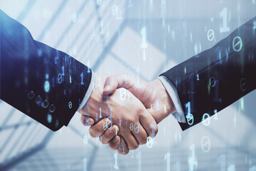 Fototapete - Double exposure of data theme hologram and handshake of two men. Partnership in IT industry concept.