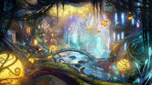 A Colorful Forest City Of Fairies With Magical Glowing Plants, Ancient Mighty Moss-covered Trees With Beautiful Houses Glowing Windows Are Built, Butterflies And Fireflies Fly In The Air. 2d Art