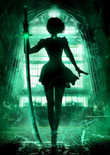 The Black Silhouette Of A Slender Warrior Girl With A Square And A Skirt With A Huge Energy Sword Katana, She Gracefully Walks Through A Damp Technological Plant With A Green Mist And Light. 2d Art