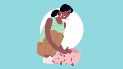 Wall Mural - afro woman with pig animation