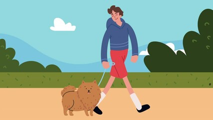 Wall Mural - young man walking with dog in the field