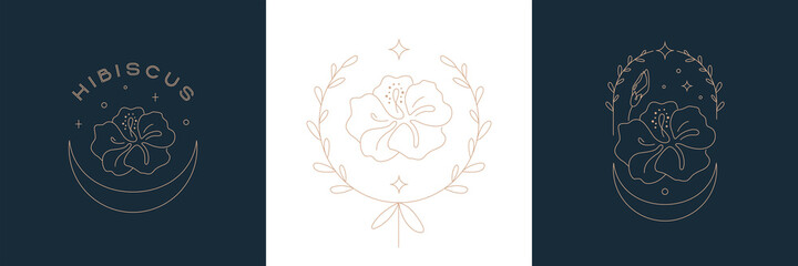 Wall Mural - A set of floral minimalistic logos. Hibiscus drawn with a line. Bohemian emblems with a line with flowers and leaves, a beautiful symbol for the logo and packaging of cosmetics