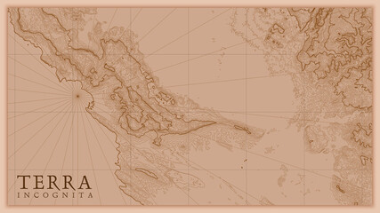 Ancient abstract earth relief old map. Generated conceptual vector elevation map of fantasy landscape.