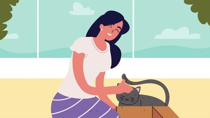 Wall Mural - young woman with cat animation