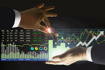 Wall Mural - Business man manipulate stock index data arrow up growth indicators with candlesticks graph and chart symbol for investment presentation and report background.