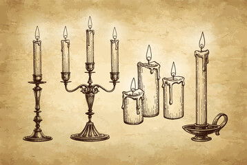 Wall Mural - Burning candles ink sketch set.