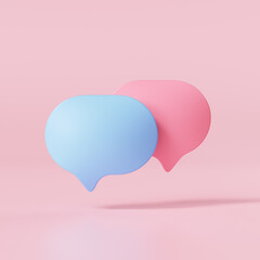 Wall Mural - 3D Blue and pink mockup Speech bubble on pink background. flying speech bubble icon. 3d render illustration