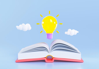 3d Open book with shining bulb flying out, Getting smart and intelligent from reading books concept. 3d render illustration