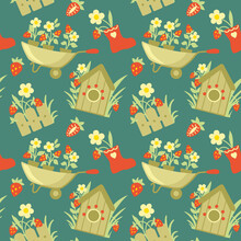 Summer Garden, Strawberry And Flowers.  Tools And Equipment For Gardening. Seamless Pattern. Vector.