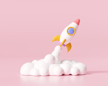 3D Rocket Launch On Pink Background, Spaceship Icon, Startup Business Concept. 3d Render Illustration