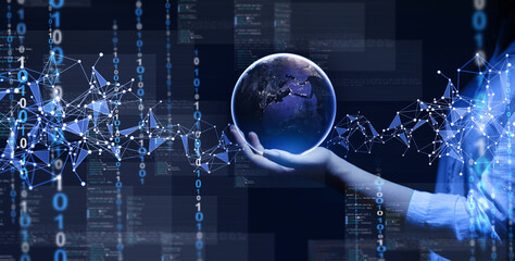 Global programming and security system.Software apps developer and IT revolution. Programming code technology.Global network technology and big data.Programming code. Elements  furnished by NASA