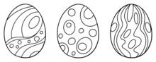 Set Of 3 Easter Eggs With Pattern. Computer Graphics Abstract Objects For Your Design For Stickers, Holiday Cards, Decor, Posters, Coloring. Easter Collection With Flat Design. EPS 8.