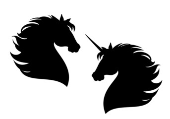 Wall Mural - wild mustang and fairy tale unicorn horse profile head design - black and white vector silhouette of animal with flying mane