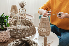 Woman Makes Handmade Diy Lamp From Jute Rope