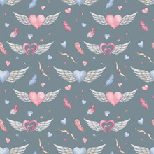 Watercolor Seamless Pattern From Hand Painted Illustration Of Pink And Blue Hearts With Grey Bird Wing Feathers As Angel Cupid, Arrow, Bow, Feathers. Print On Grey Background For Design Fabric Textile